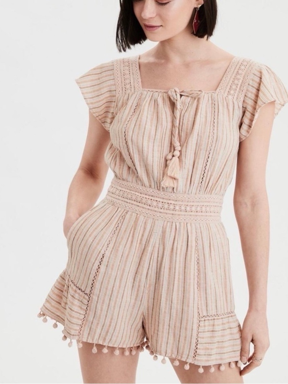 American Eagle Outfitters Blush Striped Tie-Front Romper